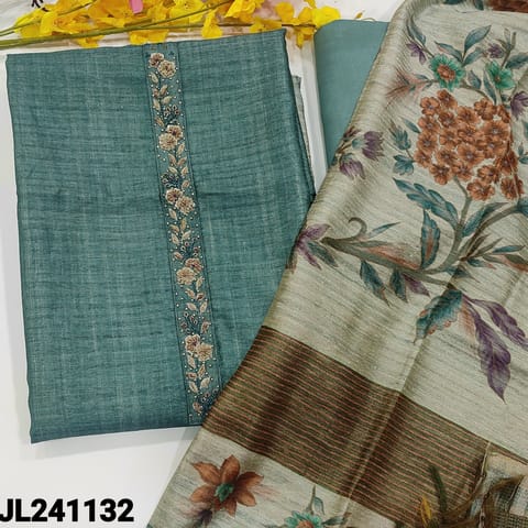 CODE JL241132 : Bluish grey premium tussar unstitched salwar material, rich work on yoke(lining needed)floral printed on daman, matching santoon bottom, premium tussar dupatta with floral printed.
