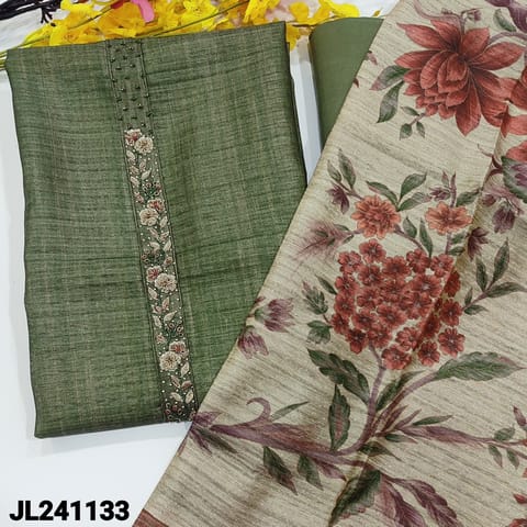 CODE JL241133 : Mossy green premium tussar unstitched salwar material, rich work on yoke(lining needed)floral printed on daman, matching santoon bottom, premium tussar dupatta with floral printed.