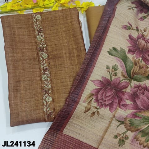 CODE JL241134 : Light brown premium tussar unstitched salwar material, rich work on yoke(lining needed)floral printed on daman, matching santoon bottom, premium tussar dupatta with floral printed.