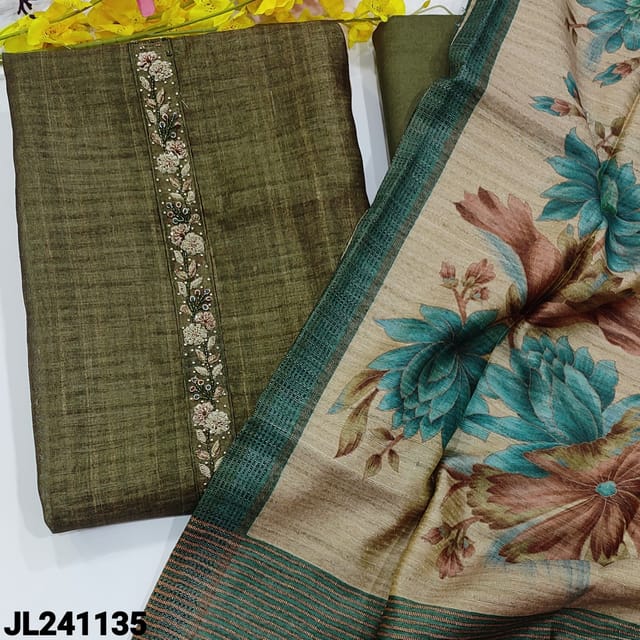 CODE JL241135 :  Olive green premium tussar unstitched salwar material, rich work on yoke(lining needed)floral printed on daman, matching santoon bottom, premium tussar dupatta with floral printed.