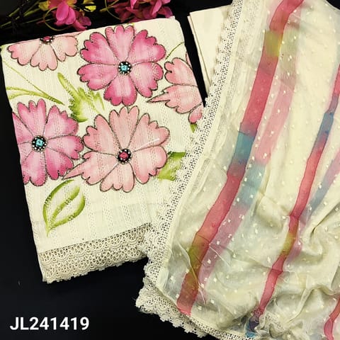 CODE JL241419 : Half white soft jakard cotton unstitched salwar material, PINK floral printed, zari& real mirror work on front(lining needed)matching fabric provided for lining, NO BOTTOM, chiffon dupatta with self woven design &lace tapings.