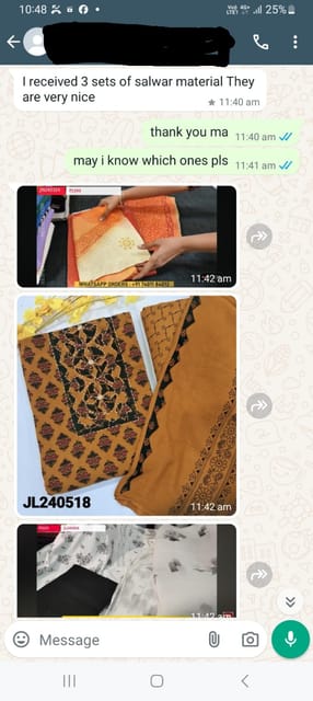 I received 3 sets of salwar material they are very nice- Reviewed on 15 JULY -2024