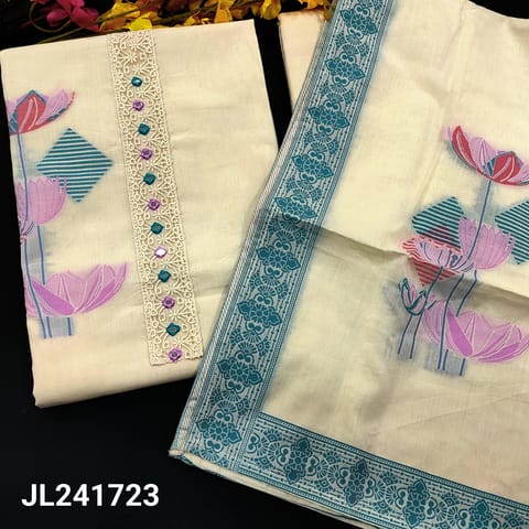 CODE JL241723 : Half white base pure linen unstitched salwar material, embroidered& real mirror work on yoke, jamdani woven design on front(lining needed)matching santoon bottom, jamdani woven pure linen dupatta with borders.