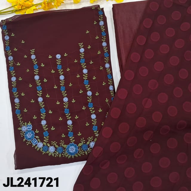 CODE JL241721 : Dark maroon semi georgette unstitched salwar material, embroidered on yoke(thin fabric, lining needed)matching silky fabric provided for both lining &bottom, brasso chiffon dupatta with polka design & lace tapings.