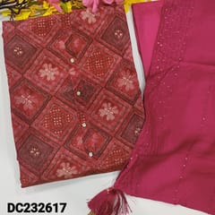 CODE DC232617 : Dark pink tissue organza silk unstitched salwar materiall,abstract printed,simple yoke(soft,silky,lining needed) bright pink silk cotton bottom,silk cotton dupatta with heavy sequins work.
