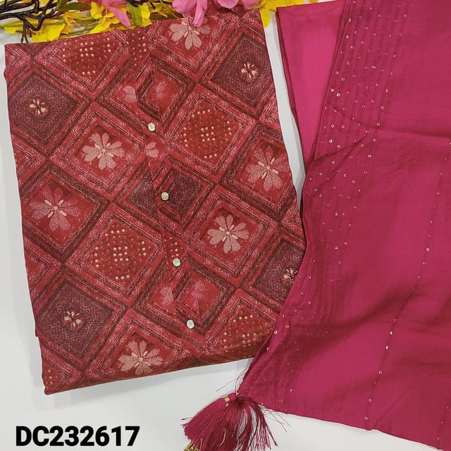 CODE DC232617 : Dark pink tissue organza silk unstitched salwar materiall,abstract printed,simple yoke(soft,silky,lining needed) bright pink silk cotton bottom,silk cotton dupatta with heavy sequins work.
