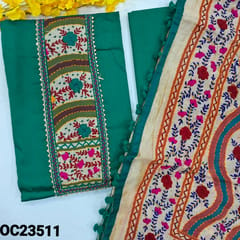 CODE OC23511 :Turquoise Green pure Satin cotton unstitched Salwar material (soft fabric, lining optional)yoke work and thread color might vary, Matching Cotton Bottom, Fancy Silk cotton dupatta with tapings.READ DESCRIPTION FOR DETAILS