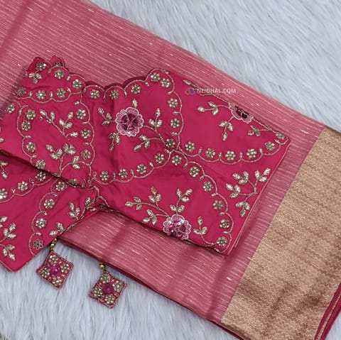 CODE WS986 : Pink tissue silk cotton saree (thin and lightweight)pallu with tapings and tassels, Heavy readymade blouse (height: 15-16 inches,arm hole-to-arm hole:19-20 inches, fits upto size 40,L size, can be altered to smaller sizes) FULL DETAILS BELOW