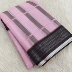 CODE WS1366 : Baby pink pure fancy linen cotton saree with silver tissue borders& black running blouse, pallu with tapings.