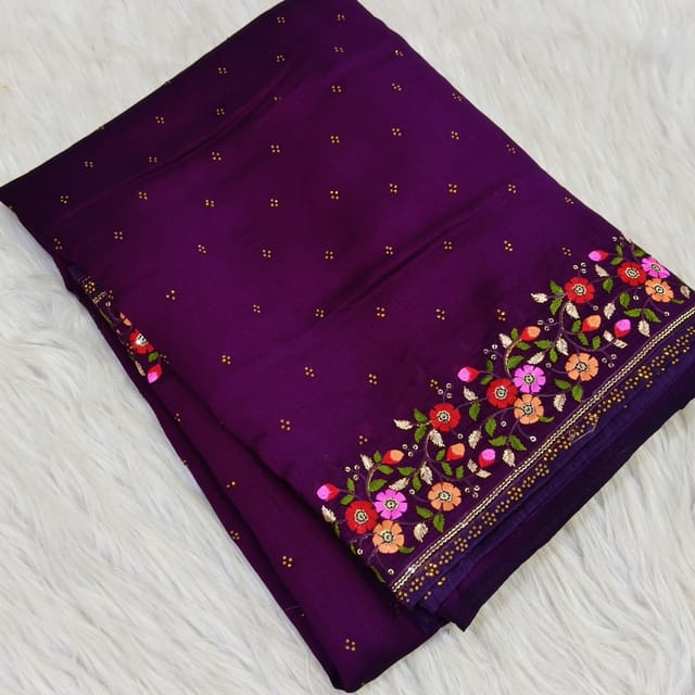 CODE WS1363 : Dark beetroot purple Vichithra silk saree with embroidered border& mukaish stone work, running blouse with rich work