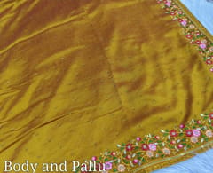 CODE WS1364 : Mehandhi yellow Vichithra silk saree with embroidered border& mukaish stone work, running blouse with rich work.