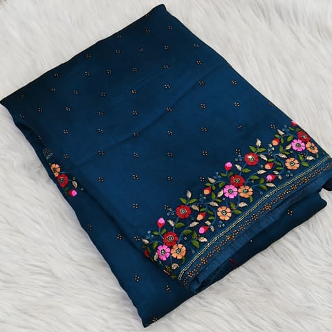CODE WS1365 : Dark teal blue Vichithra silk saree with embroidered border& mukaish stone work, running blouse with rich work.