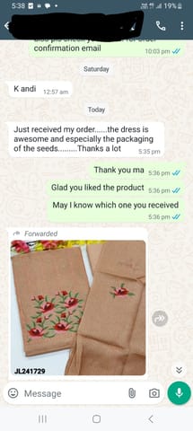 Just received may order.... the dress is awesome and especially the packaging of the seeds... Thanks a lot- Reviewed on 22 JULY -2024