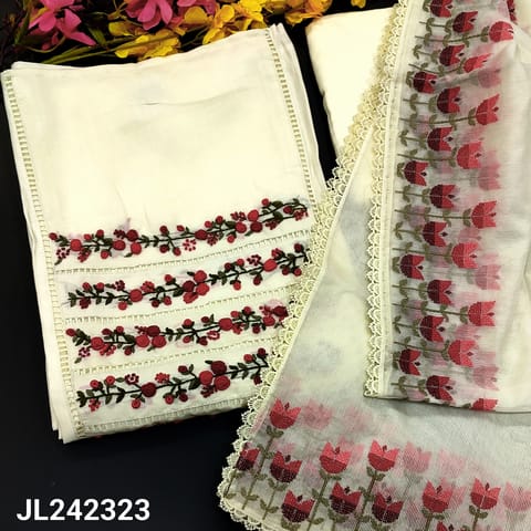 CODE JL242323 : Half white designer premium silk cotton unstitched salwar material, heavy embroidered& crochet lace work on yoke(lining needed)matching santoon bottom, cross stitch embroidered premium super net dupatta with lace tapings.