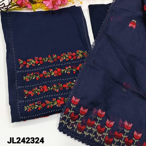 CODE JL242324 : Navy blue designer premium silk cotton unstitched salwar material, heavy embroidered& crochet lace work on yoke(lining needed)matching santoon bottom, cross stitch embroidered premium super net dupatta with lace tapings.