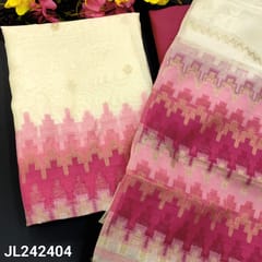 CODE JL242404 : Half white base silk cotton unstitched salwar material, zari buttas on front(thin fabric, lining needed)thread &zari work on daman, pink silk cotton bottom, silk cotton dupatta with zari lines, rich pallu & tassels.