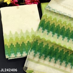 CODE JL242406 : Half white base silk cotton unstitched salwar material, zari buttas on front(thin fabric, lining needed)thread &zari work on daman, light green silk cotton bottom, silk cotton dupatta with zari lines, rich pallu & tassels.