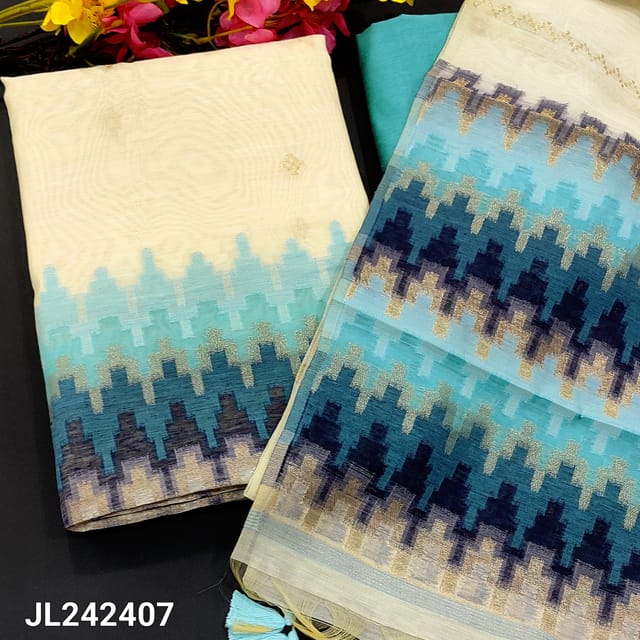 CODE JL242407 : Half white base silk cotton unstitched salwar material, zari buttas on front(thin fabric, lining needed)thread &zari work on daman, Blue silk cotton bottom, silk cotton dupatta with zari lines, rich pallu & tassels.