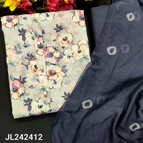 CODE JL242412 : light grey base floral printed cotton unstitched salwar material, schiffli work on front(lining needed)grey cotton bottom, bandhini printed chiffon dupatta.