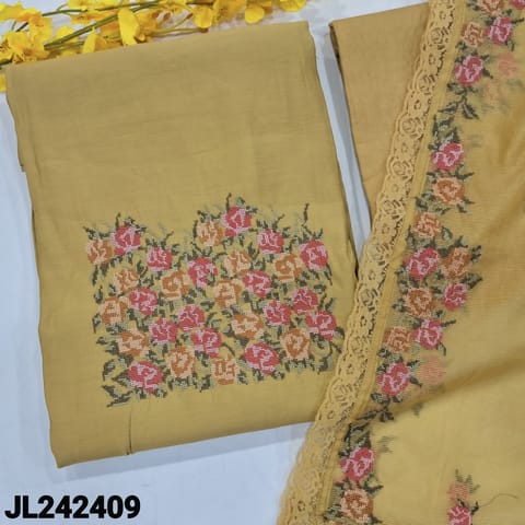CODE JL242409 : Light mehandhi yellow premium silk cotton unstitched salwar material, cross stitch embroidered on yoke(lining optional)matching santoon bottom, cross stitch embroidered premium super net dupatta with lace tapings.