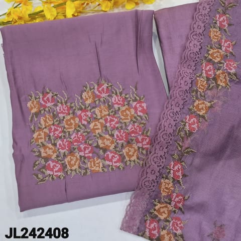 CODE JL242408 :Light purple premium silk cotton unstitched salwar material, cross stitch embroidered on yoke(lining optional)matching santoon bottom, cross stitch embroidered premium super net dupatta with lace tapings.