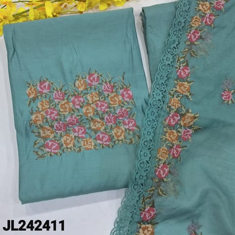 CODE JL242411 : Pastel blue premium silk cotton unstitched salwar material, cross stitch embroidered on yoke(lining optional)matching santoon bottom, cross stitch embroidered premium super net dupatta with lace tapings.