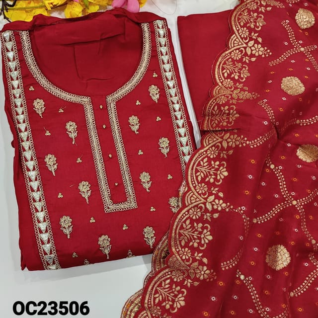 CODE OC23506 : Designer Reddish Maroon Pure Uppada Silk unstitched Salwar material(requires lining)zardozi&sequins work on yoke,matching santoon bottom,uppada silk dupatta with rich&cut work edges.