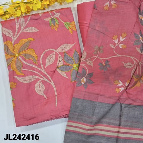 CODE JL242416 : Light pink satin cotton unstitched salwar material, floral printed& real mirror work on front(lining optional)lace work on daman, matching spun cotton bottom, floral printed pure cotton dupatta.