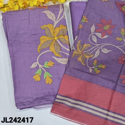 CODE JL242417 : Light purple satin cotton unstitched salwar material, floral printed& real mirror work on front(lining optional)lace work on daman, matching spun cotton bottom, floral printed pure cotton dupatta.