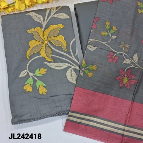 CODE JL242418 :Light grey satin cotton unstitched salwar material, floral printed& real mirror work on front(lining optional)lace work on daman, matching spun cotton bottom, floral printed pure cotton dupatta.