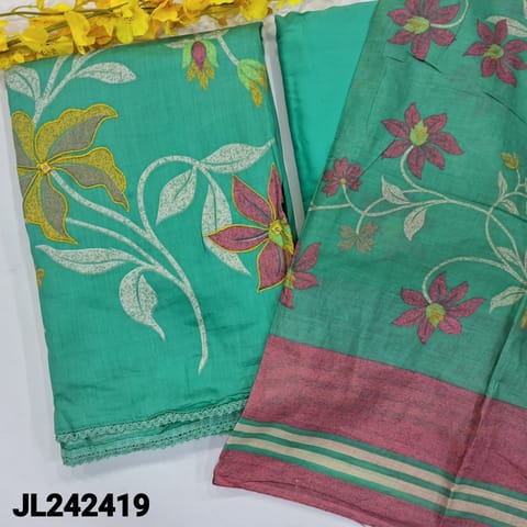 CODE JL242419 : Turquoise green satin cotton unstitched salwar material, floral printed& real mirror work on front(lining optional)lace work on daman, matching spun cotton bottom, floral printed pure cotton dupatta.