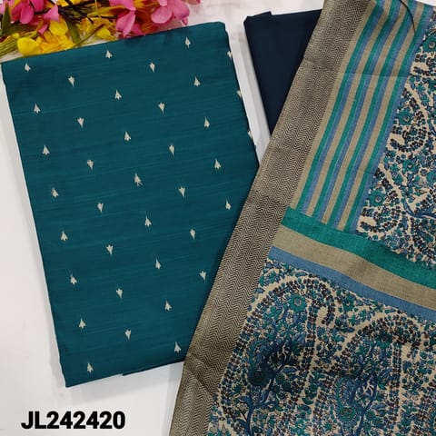 CODE JL242420 : Dark teal blue slub silk cotton unstitched salwar material, thread woven buttas all over(thin fabric, lining needed)navy blue cotton bottom, paisley printed fancy art silk dupatta.