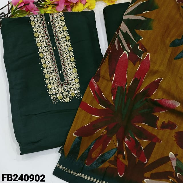 CODE FB240902 : Dark green designer pure dola silk unstitched salwar material,yoke with zarozi,pearl bead and gota work,sequins work on front(soft,lining needed)matching santoon bottom,mehandi yellow premium modal masleen colorful printed dupatta.