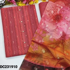 CODE DC231910 : Peachish pink silk cotton unstitched salwar material(thin,lining needed),vertical striped self design,zari buttas all over,simple yoke,fancy button,matching silky bottom,organza bold floral printed dupatta with zari pallu.