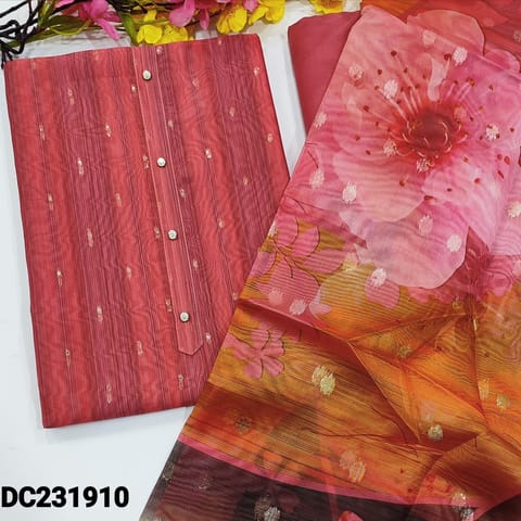 CODE DC231910 : Peachish pink silk cotton unstitched salwar material(thin,lining needed),vertical striped self design,zari buttas all over,simple yoke,fancy button,matching silky bottom,organza bold floral printed dupatta with zari pallu.