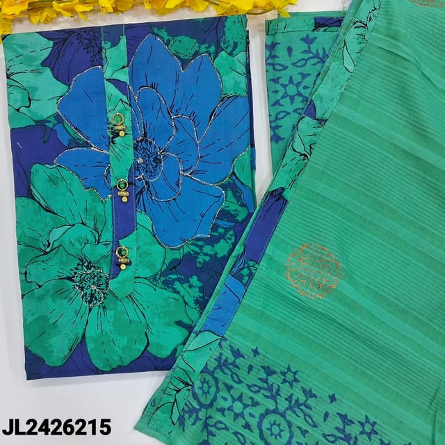 CODE JL242615 : Turquoise blue& ink blue floral printed cotton unstitched salwar material, fancy buttons on yoke, zari work on front(lining optional)turquoise green cotton bottom, block printed pure cotton dupatta with tapings.