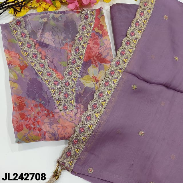 CODE JL242708 : Purple shade printed pure organza unstitched salwar material, v neck with zari& thread work(thin fabric, lining needed)matching santoon bottom, pure organza short width dupatta with zari, sequins, thread &cut work edges.