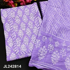 CODE JL242814 : Lavender printed pure soft cotton unstitched salwar material, thread& sequins work on yoke(lining needed)lehariya printed cotton bottom, crinkled soft mul cotton dupatta with kota lace tapings.