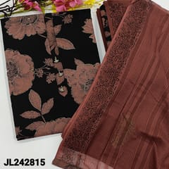 CODE JL242815 : Black base floral printed cotton unstitched salwar material, fancy buttons on yoke, zari work on front(lining optional)dark onion pink cotton bottom, block printed pure cotton dupatta with tapings.