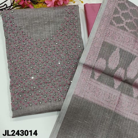 CODE JL243014 : Greyish lavender tissue silk cotton unstitched salwar material, heavy thread& sequins work on yoke(thin fabric, lining needed)pink silk cotton bottom, tissue silk cotton zari woven dupatta with tassels.