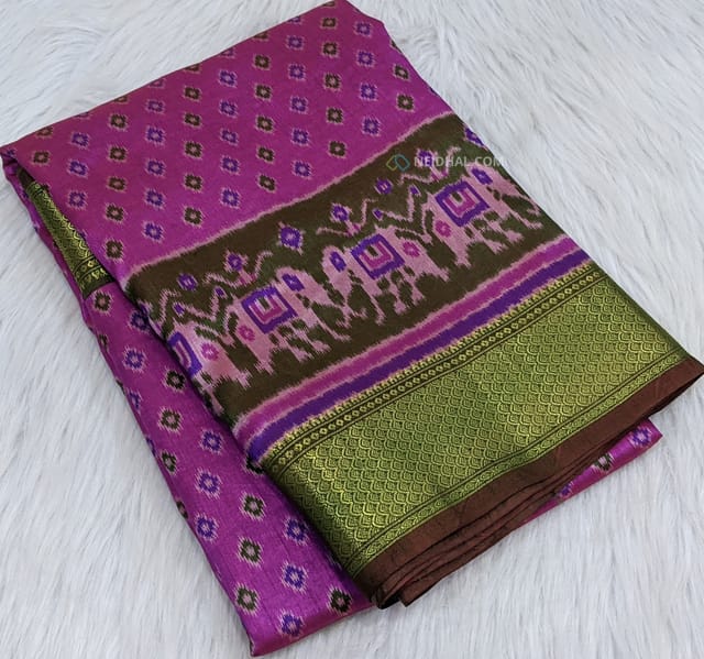 CODE WS558 :Bright pink fancy semi-silk (soft and silky),beautiful zari woven borders, patola prints all over, printed pallu and running printed blouse with borders.