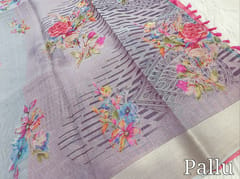 CODE WS1374 :  Light grey fancy super net saree, printed all over, fancy tassels on pallu, printed blouse with border.