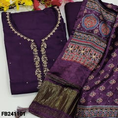 CODE FB241101 : Designer dark purple pure dola silk unstitched salwar material,yoke with zari,sequins, zardozi work(lining needed,silky)printed patch on back,matching santoon bottom,ajrak printed short width pure gajji silk dupatta with tissue pallu.