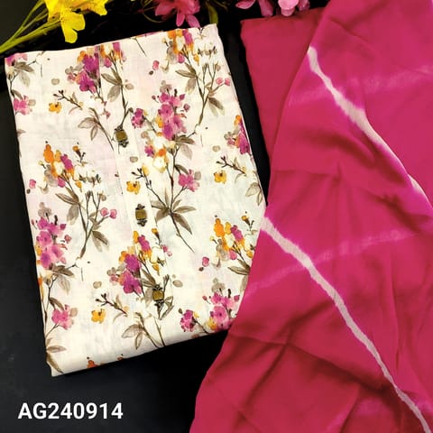 CODE AG240914 : Half whit base floral printed semi linen unstitched salwar material, fancy buttons on yoke(lining needed)dark pink cotton bottom, lehariya printed fancy chiffon dupatta.