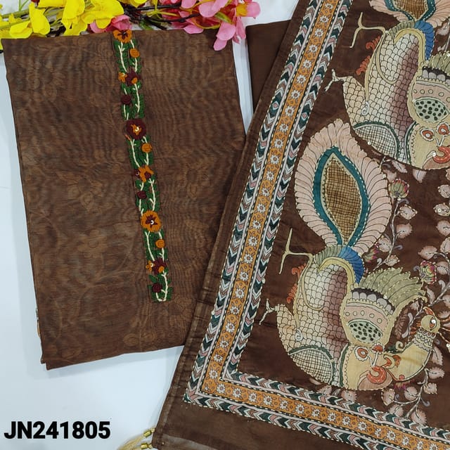 CODE JN241805 : Chocolate brown digital printed silk cotton unstitched salwar material, hand embroidery work on yoke (thin, lining needed)matching santoon bottom, kalamkari printed silk cotton dupatta with kantha stitch work &tapings.