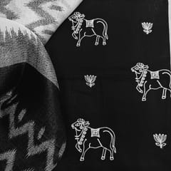 CODE AG2410151 : Black pure Jam cotton Unstitched Salwar material with intricate bull and lotus motifs all over.Black cotton bottom, Paired with ikat printed pure art silk dupatta.