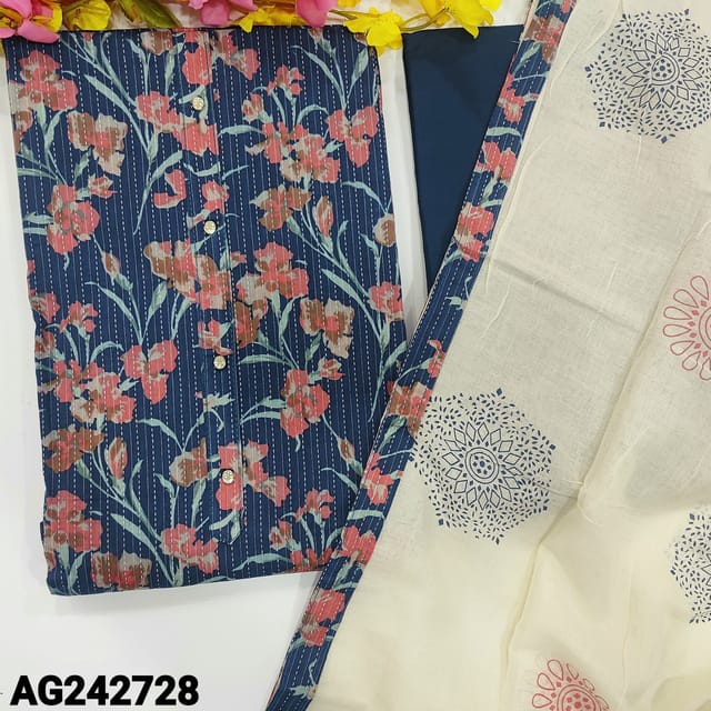 CODE AG242728 : Dark blue floral printed pure kantha cotton unstitched salwar material, fancy buttons on yoke(lining optional)matching cotton bottom, block printed pure mul cotton dupatta.