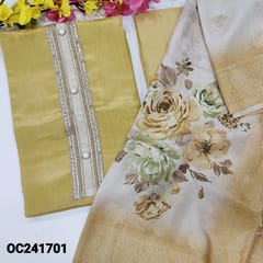 CODE OC241701 : Golden beige designer tissue organza unstitched salwar material, fancy buttons on yoke(shiny fabric, lining needed)matching santoon bottom, digital printed premium soft silk cotton dupatta with zari woven buttas& borders.