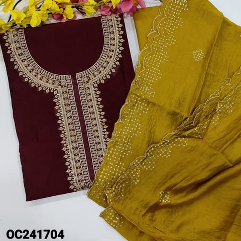 CODE OC241704 : Dark maroon fancy silk unstitched salwar material, rich zari& thread work on yoke(thin fabric, lining needed)mehandhi yellow cotton bottom, soft silk cotton short width dupatta with sequins &cut work edges.