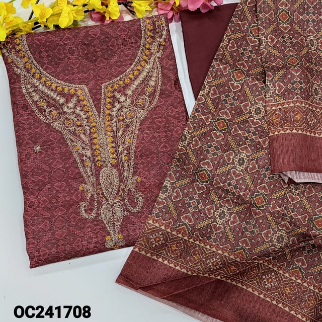 CODE OC241708 : Dark onion pink patola printed premium semi tussar silk unstitched salwar material, zari& thread work on yoke, zari work on front(thin fabric, lining needed)matching santoon bottom, patola printed semi tussar dupatta.